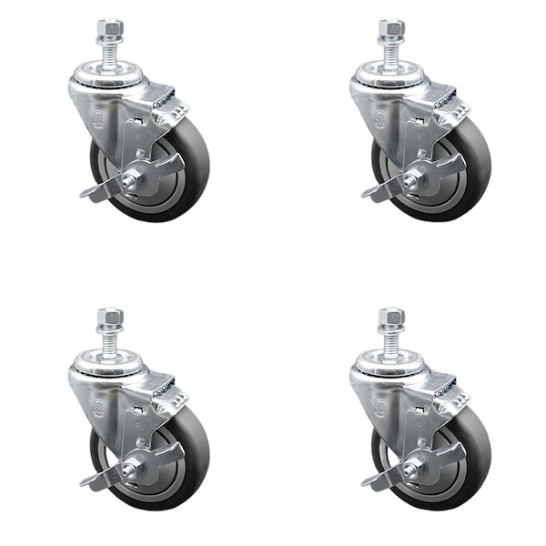 Service Caster 4 Inch SS Thermoplastic Rubber Swivel 1/2 Inch Threaded Stem Caster Set Brake SCC SCC-SSTS20S414-TPRB-TLB-M1215-4 - main
